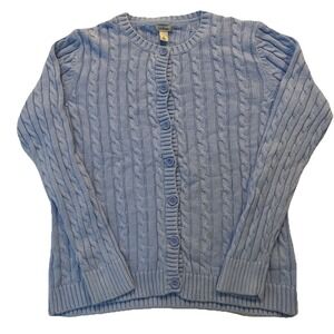LLBean Cable Knit Cardigan Button Down Cotton  Blue Size Large Fisherman Sweater